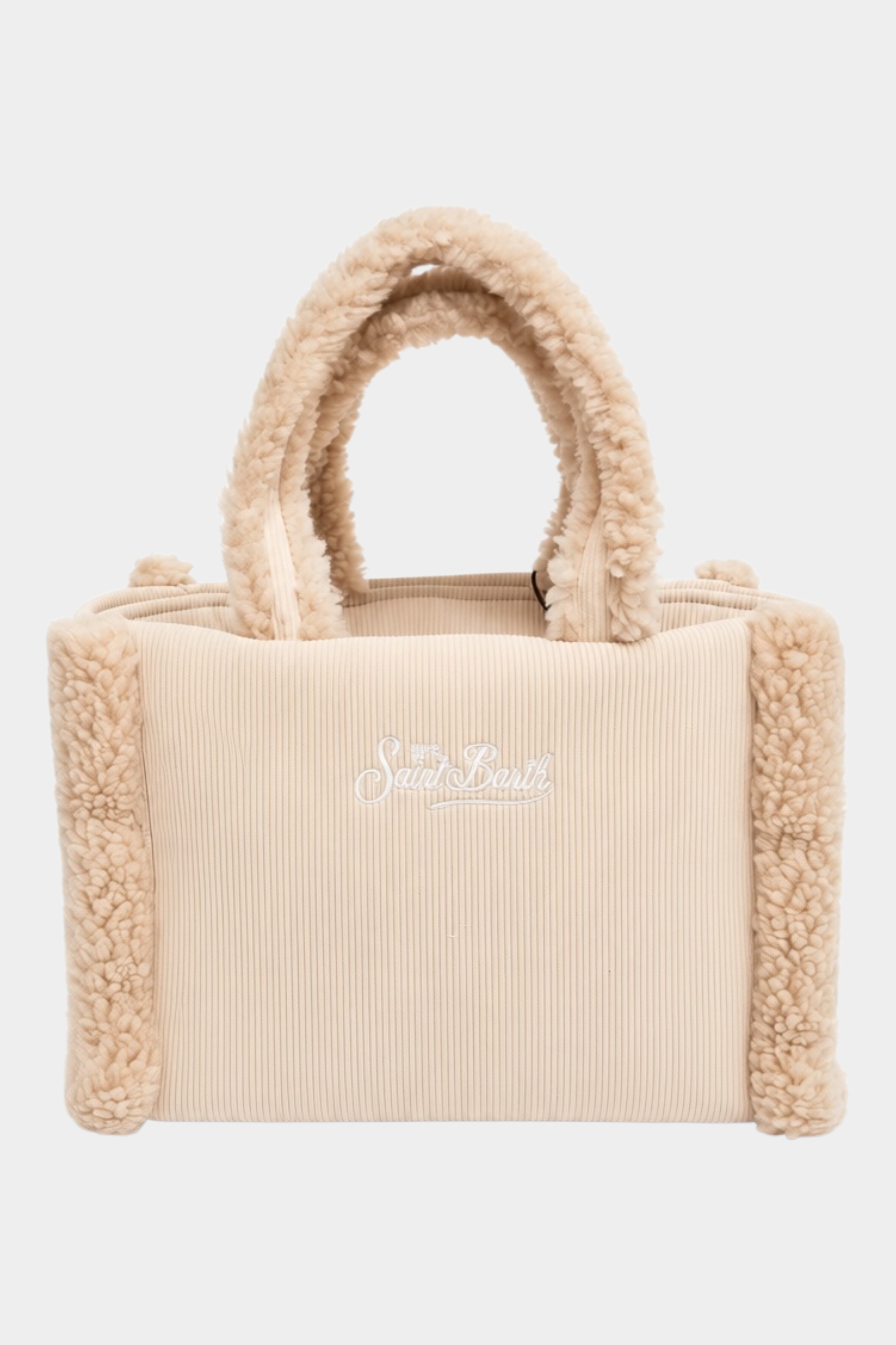Borsa a mano Follower SRL Colette color avorio in velluto a coste con dettagli in morbido effetto shearling e logo