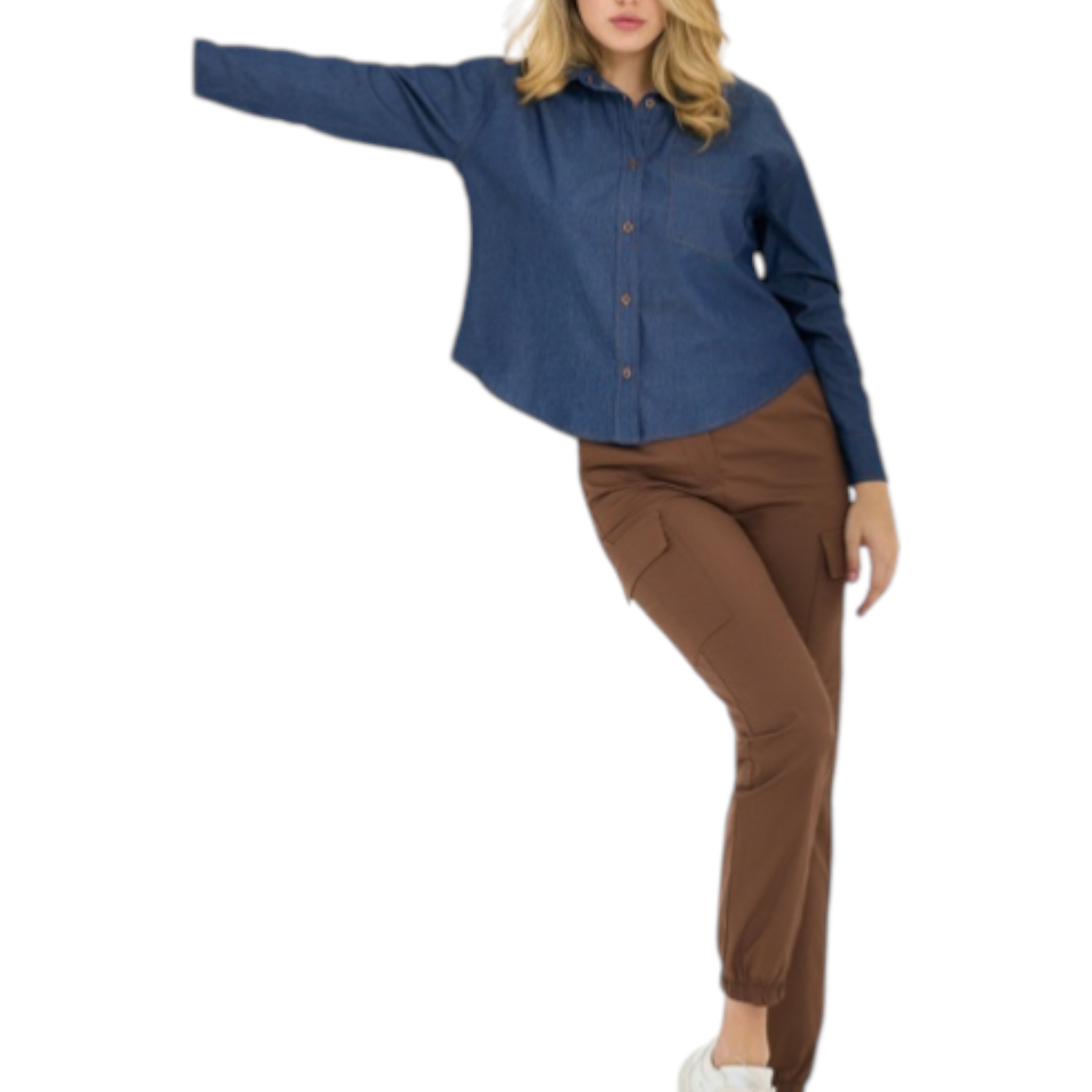 Camicia jeans donna blu pdk in denim blu navy con maniche lunghe, collo classico e orlo dritto