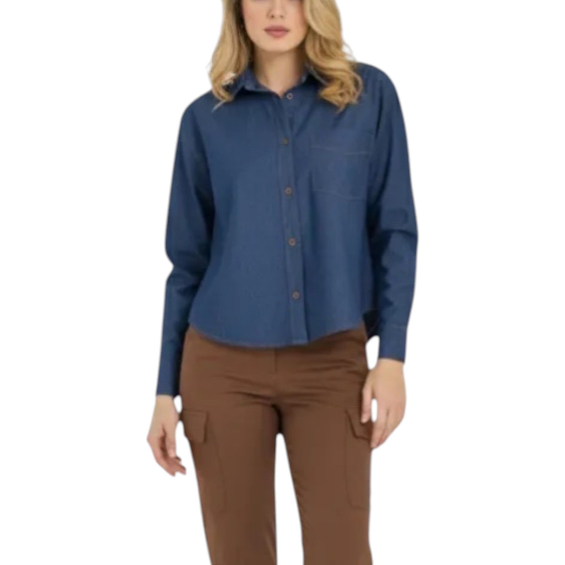 Camicia jeans donna blu pdk in tessuto jeans blu navy con collo classico e cuciture rifinite