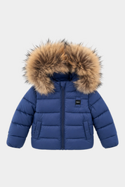 Giubbino unisex Follower SRL Amory blu trapuntato con cappuccio e bordo in pelliccia sintetica
