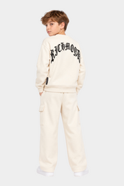 Completo sportivo unisex Follower SRL beige con felpa girocollo e pantaloni cargo, logo Richmond nero sul retro