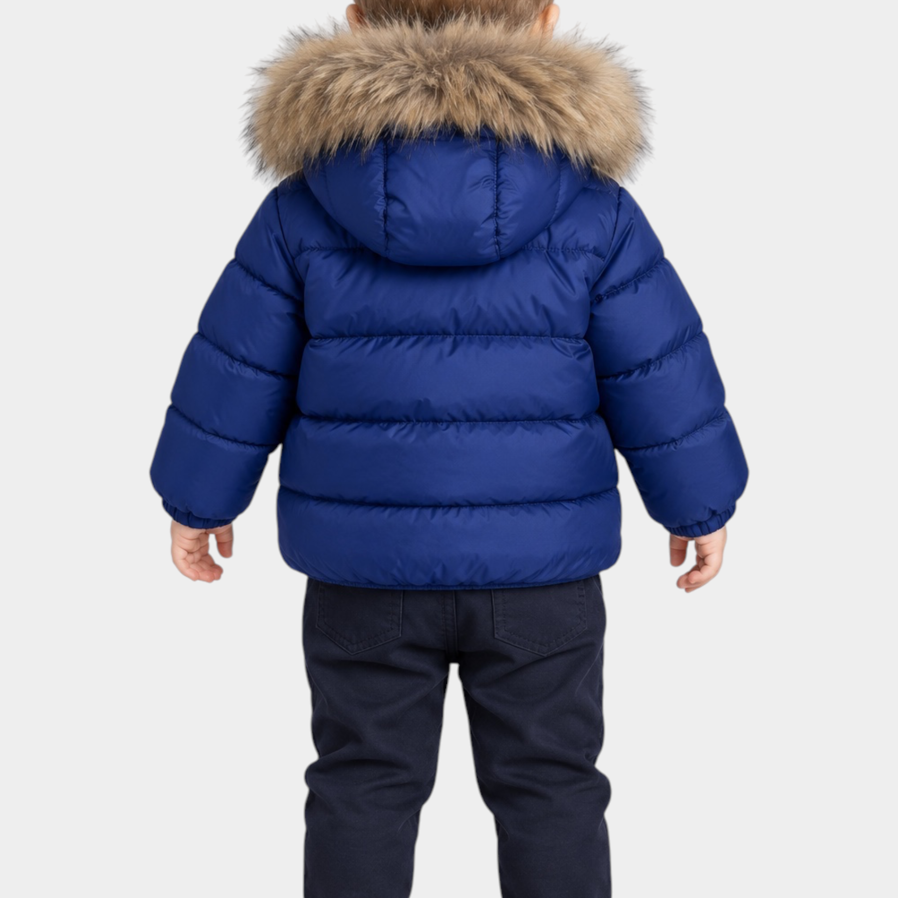 Bambino indossa giubbino Amory blu di Follower SRL con cappuccio imbottito e bordo in pelliccia sintetica, vista retro