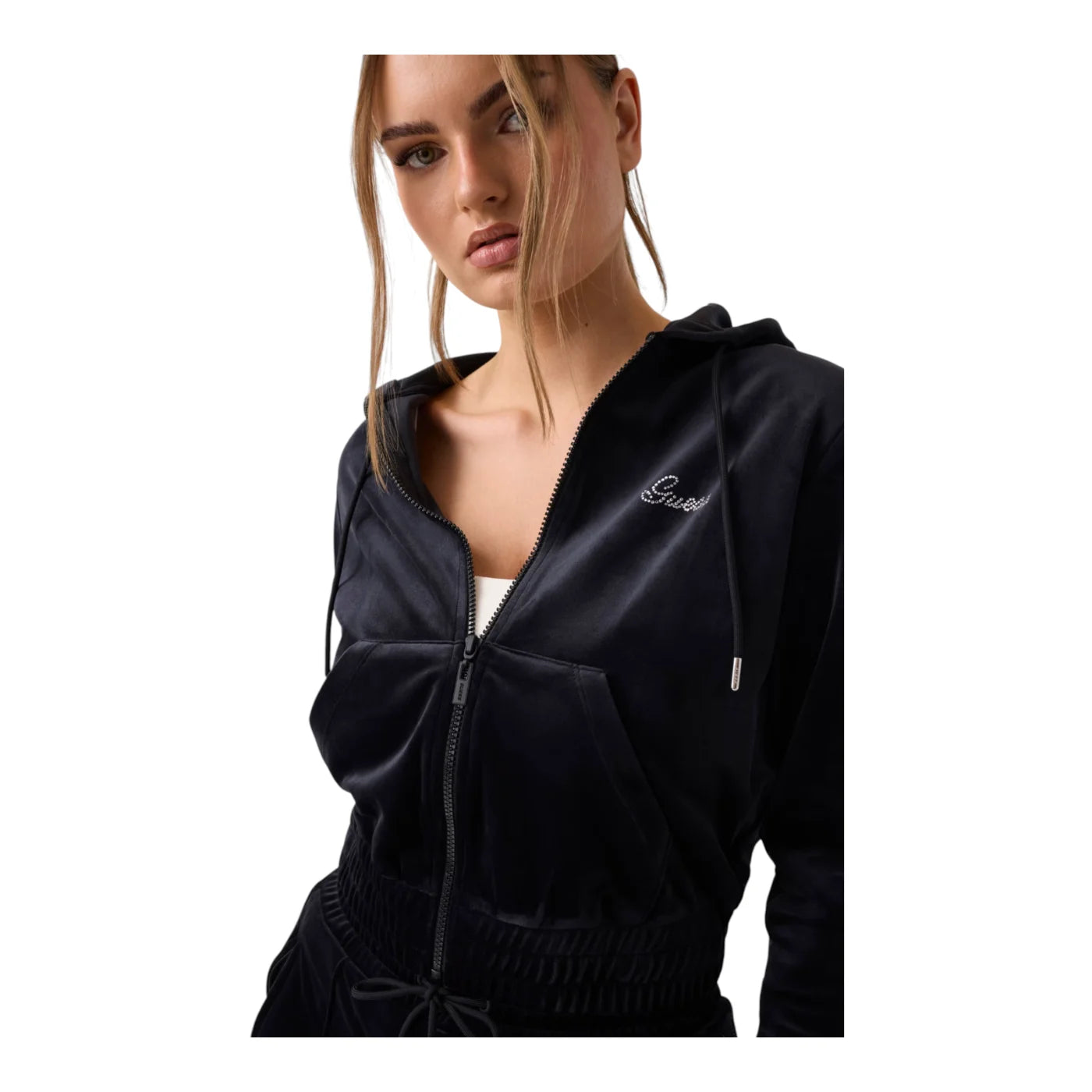 Felpa cappuccio full zip in ciniglia con strass donna nero guess - felpe