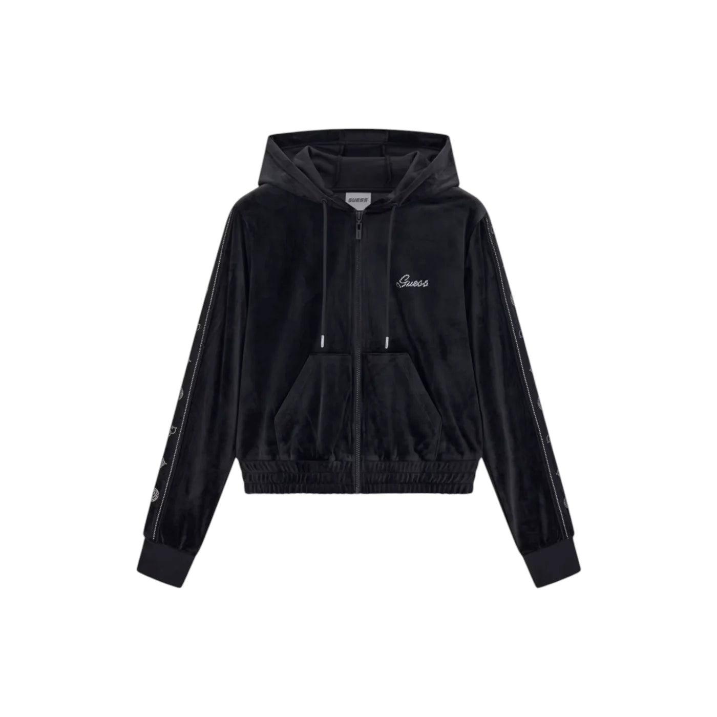 Felpa cappuccio full zip in ciniglia con strass donna nero guess - felpe