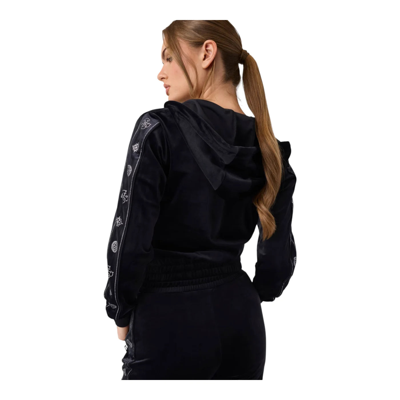Felpa cappuccio full zip in ciniglia con strass donna nero guess - felpe