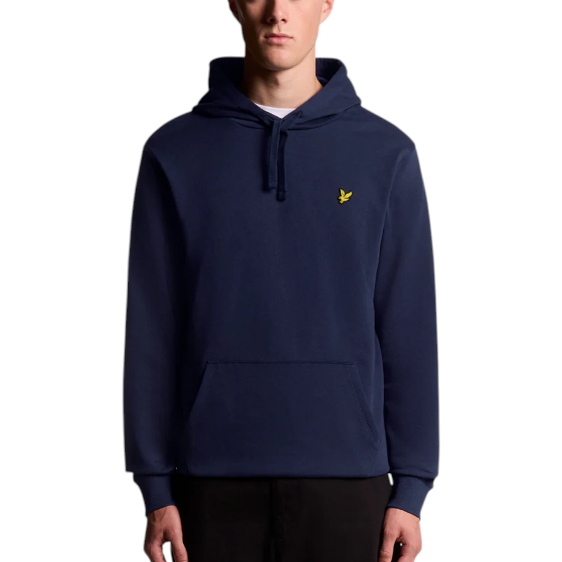 Felpa con cappuccio uomo blu navy in cotone con piccolo logo uccellino giallo lyle e scott sul petto