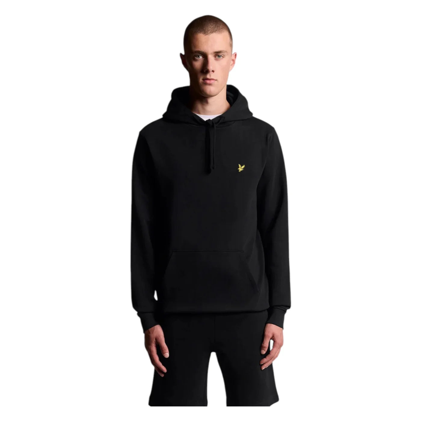 Felpa con cappuccio uomo lyle e scott nera con piccolo logo uccello giallo sul petto in cotone