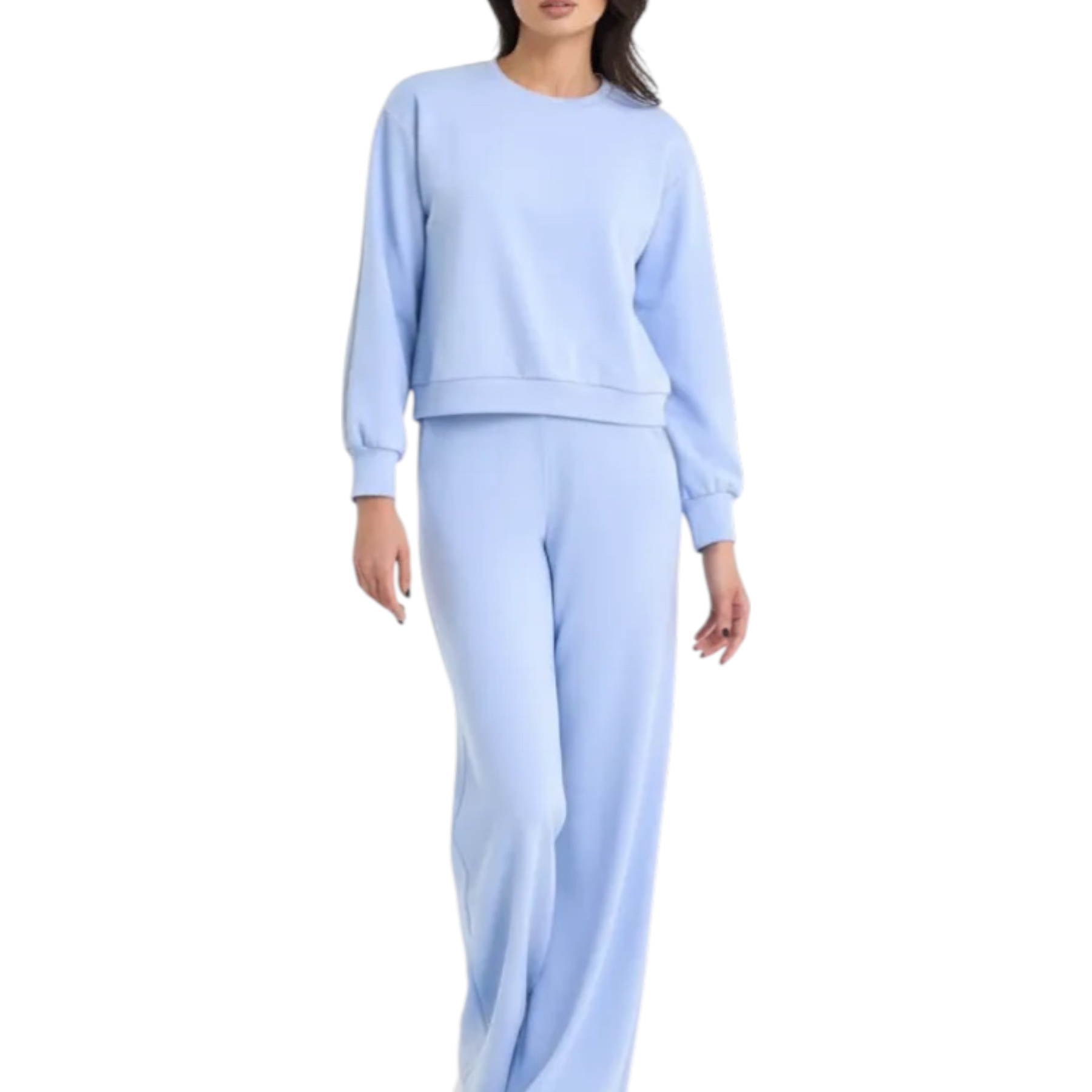 Felpa girocollo donna celeste pdk in morbido tessuto azzurro con due pezzi e polsini a coste comodi e rilassati