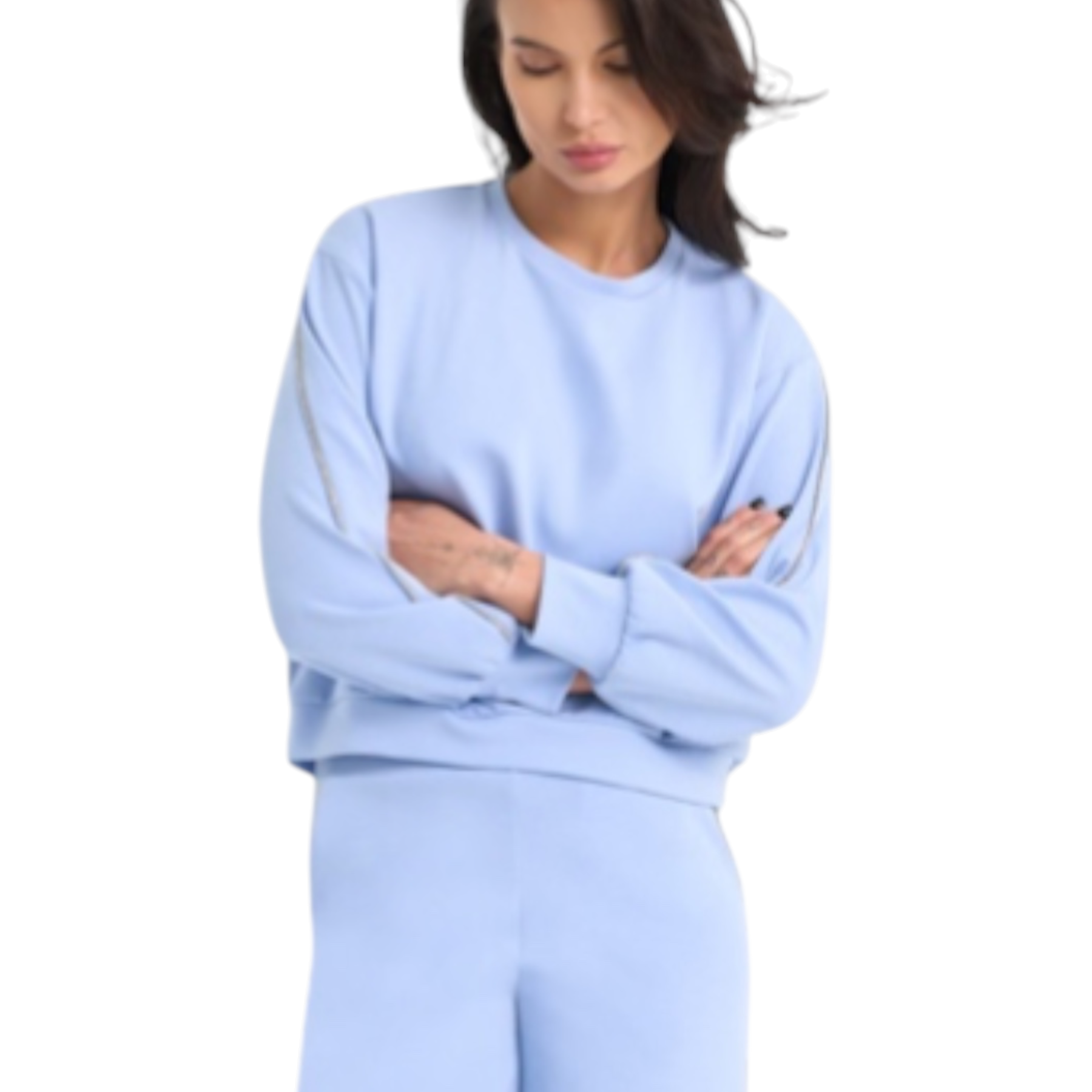 Felpa girocollo donna celeste pdk in morbido cotone a maniche lunghe con vestibilità rilassata