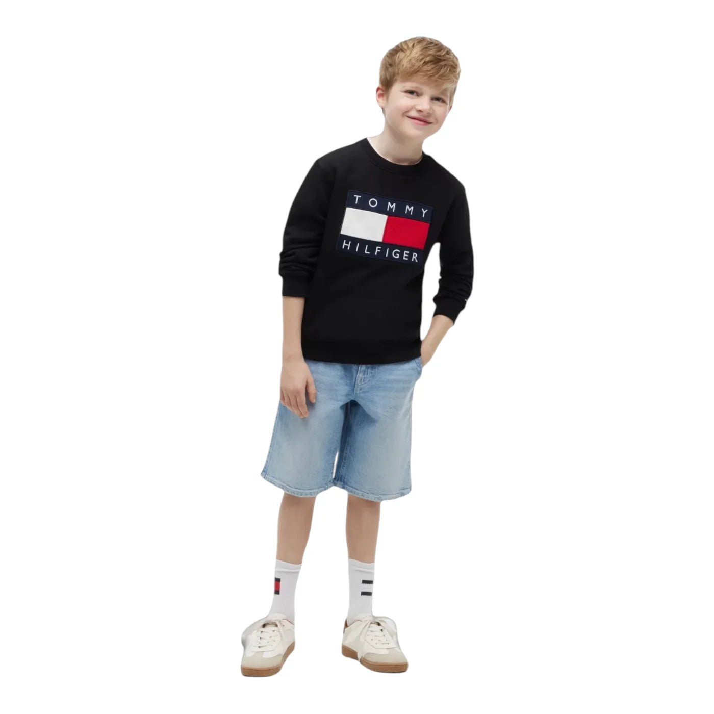 Felpa girocollo maxi logo bambino nero tommy hilfiger - felpe