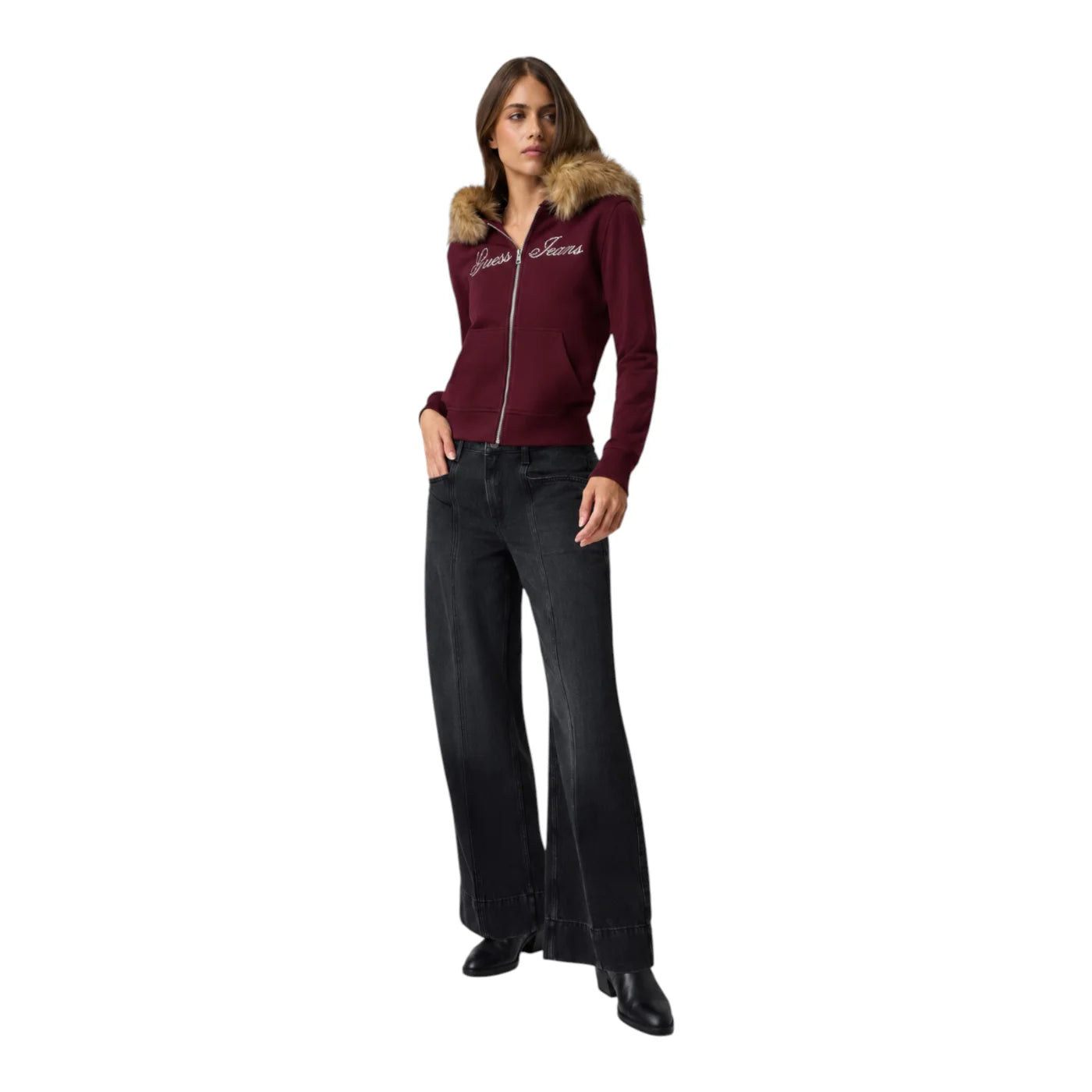 Felpa slim fit con pelliccia donna bordeaux guess - felpe