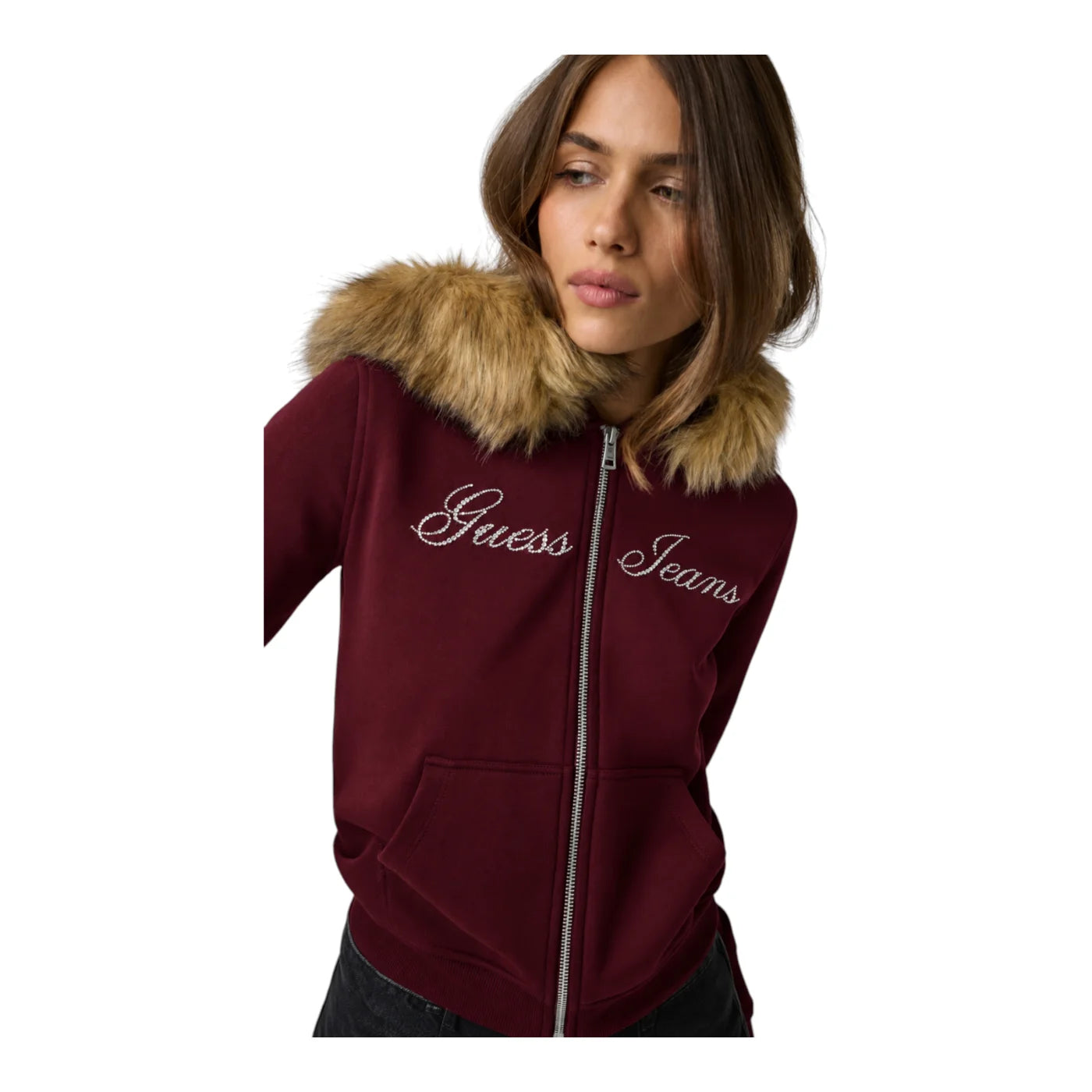 Felpa slim fit con pelliccia donna bordeaux guess - felpe
