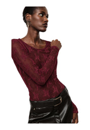 Top trasparente a maniche lunghe donna bordeaux imperial