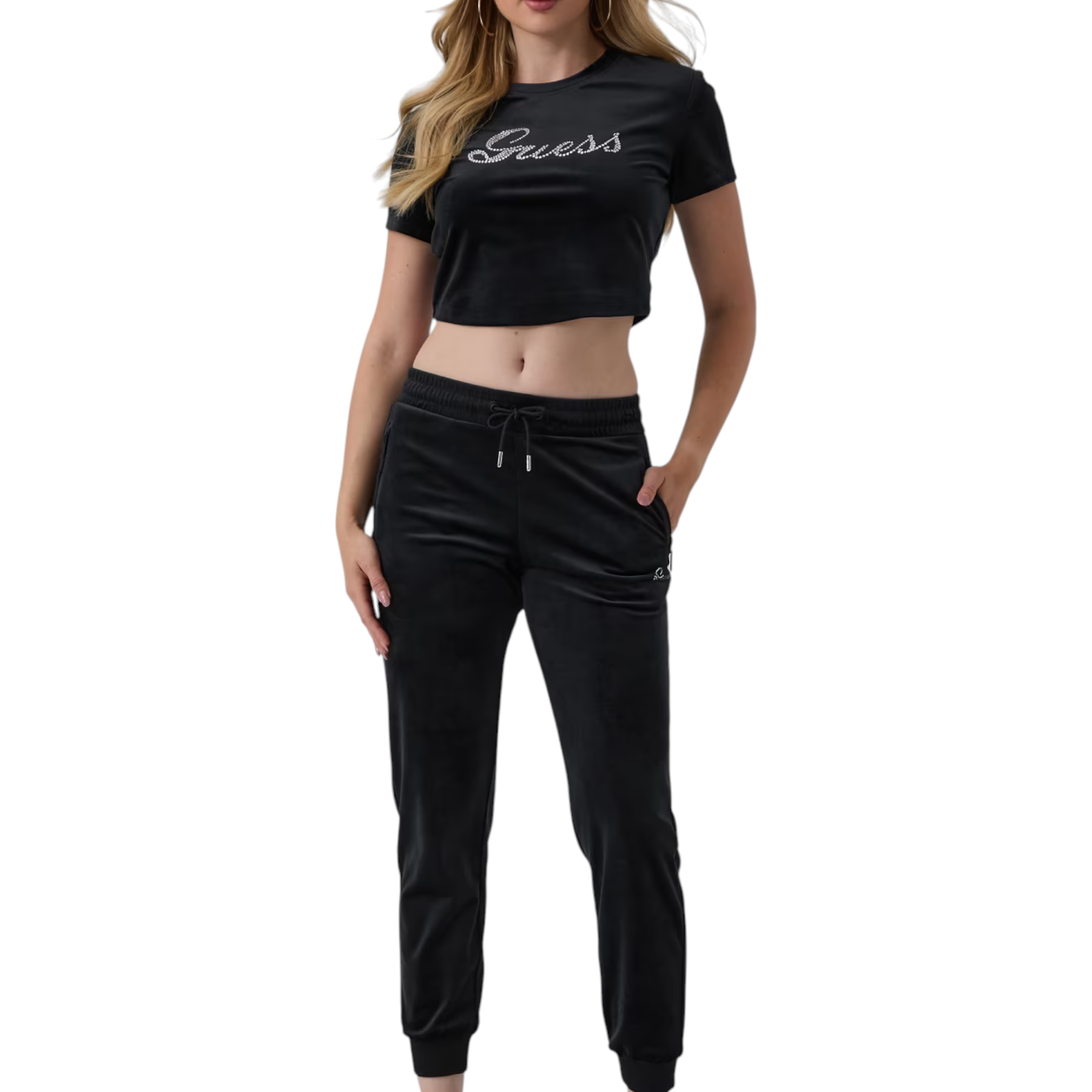 T-shirt in ciniglia con strass donna nero guess