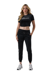 T-shirt in ciniglia con strass donna nero guess