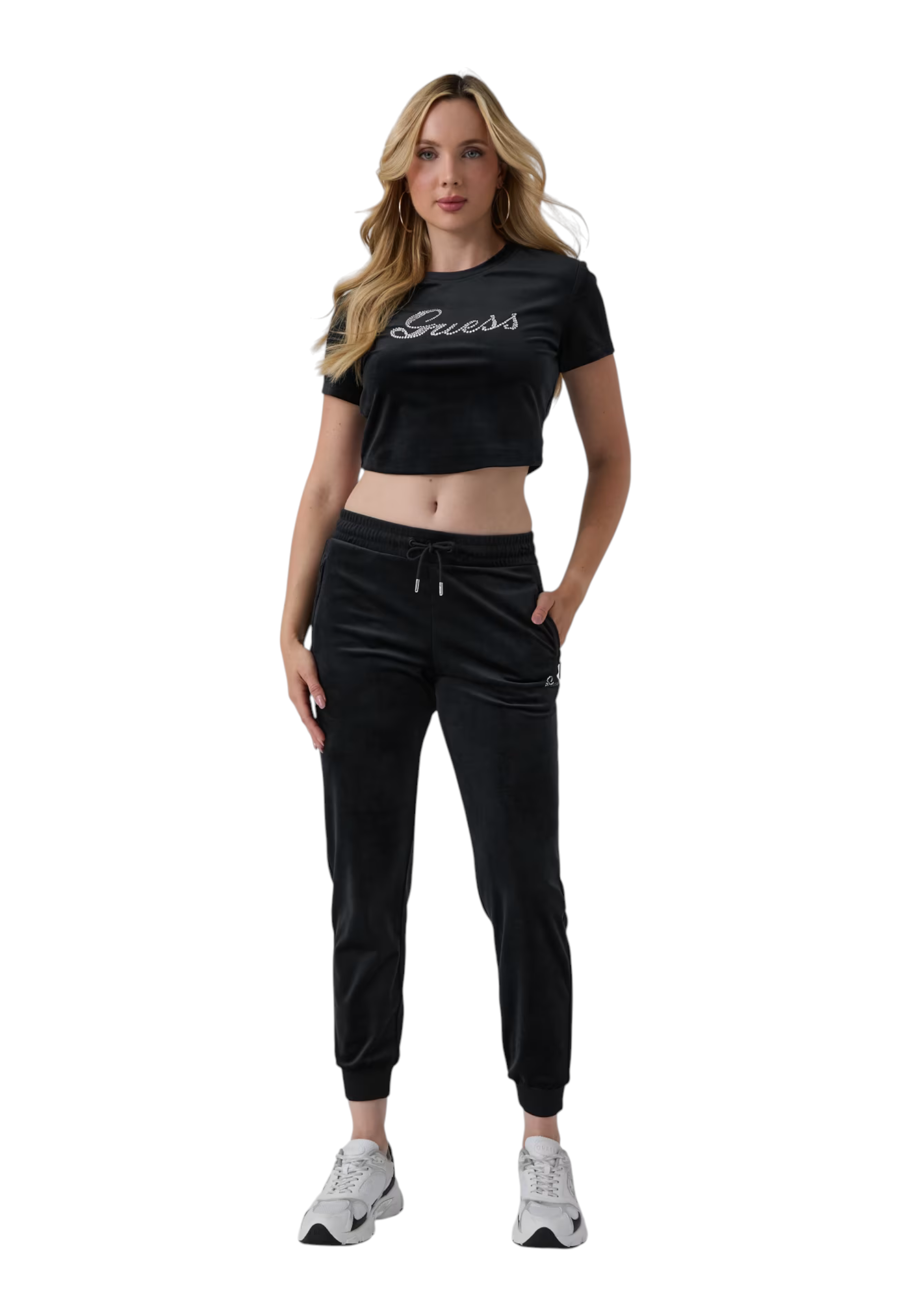 T-shirt in ciniglia con strass donna nero guess
