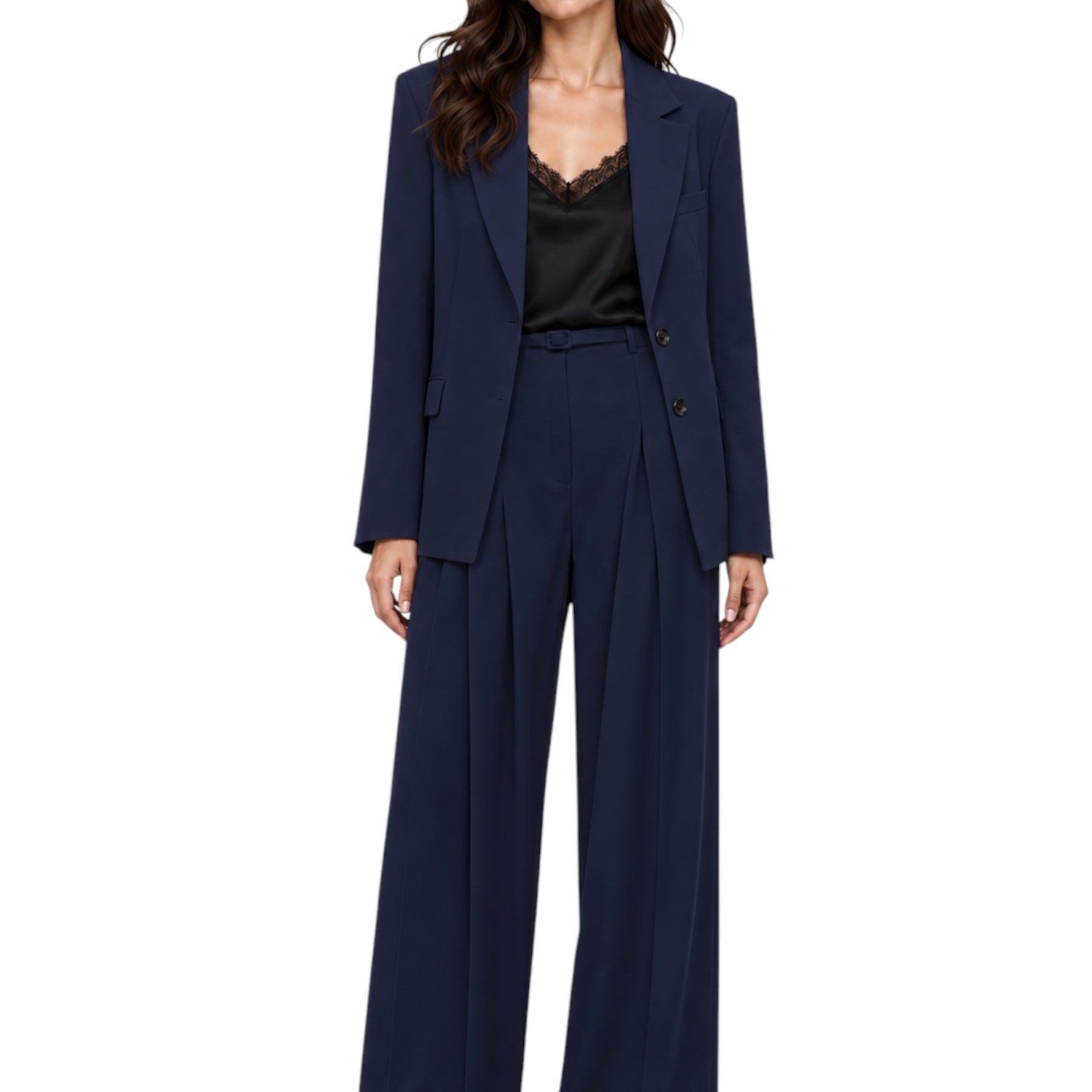 Pantaloni palazzo a vita alta con pinces e cintura donna blu imperial