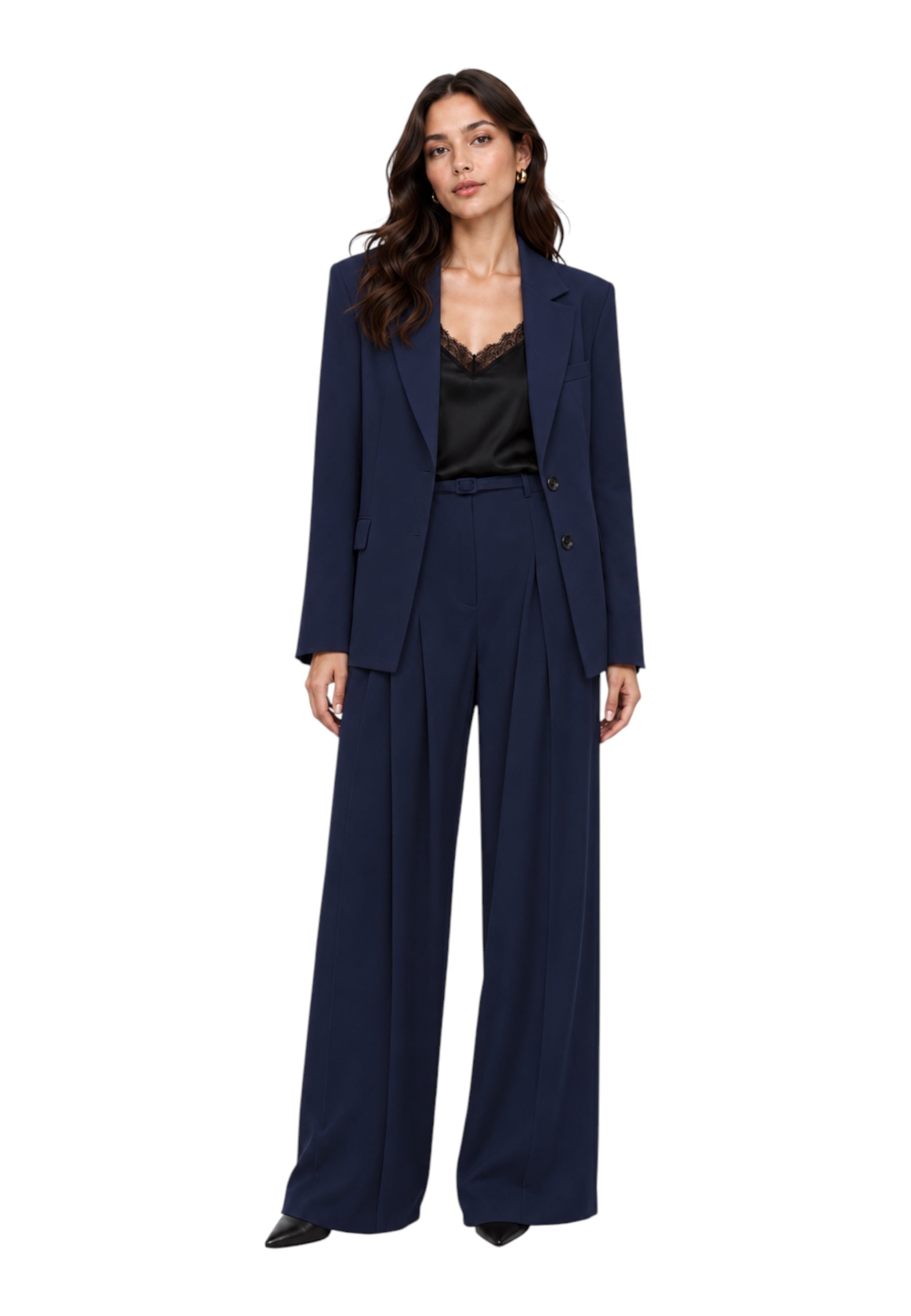 Pantaloni palazzo a vita alta con pinces e cintura donna blu imperial