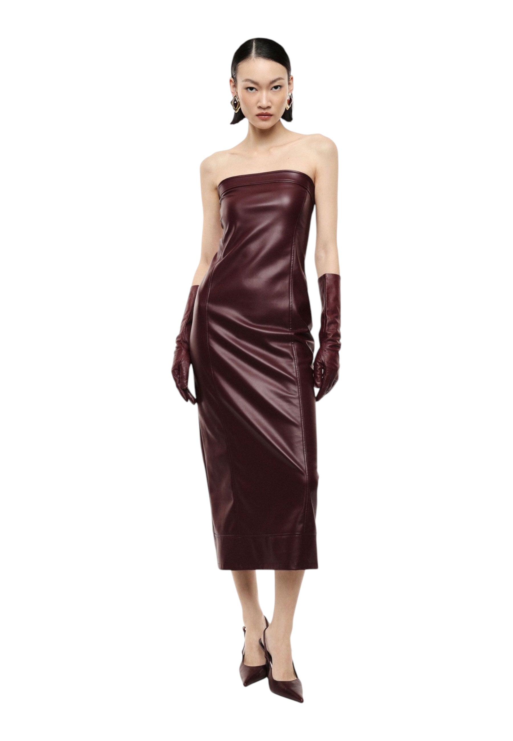 Abito midi senza spalline con scollo dritto donna bordeaux imperial - abiti
