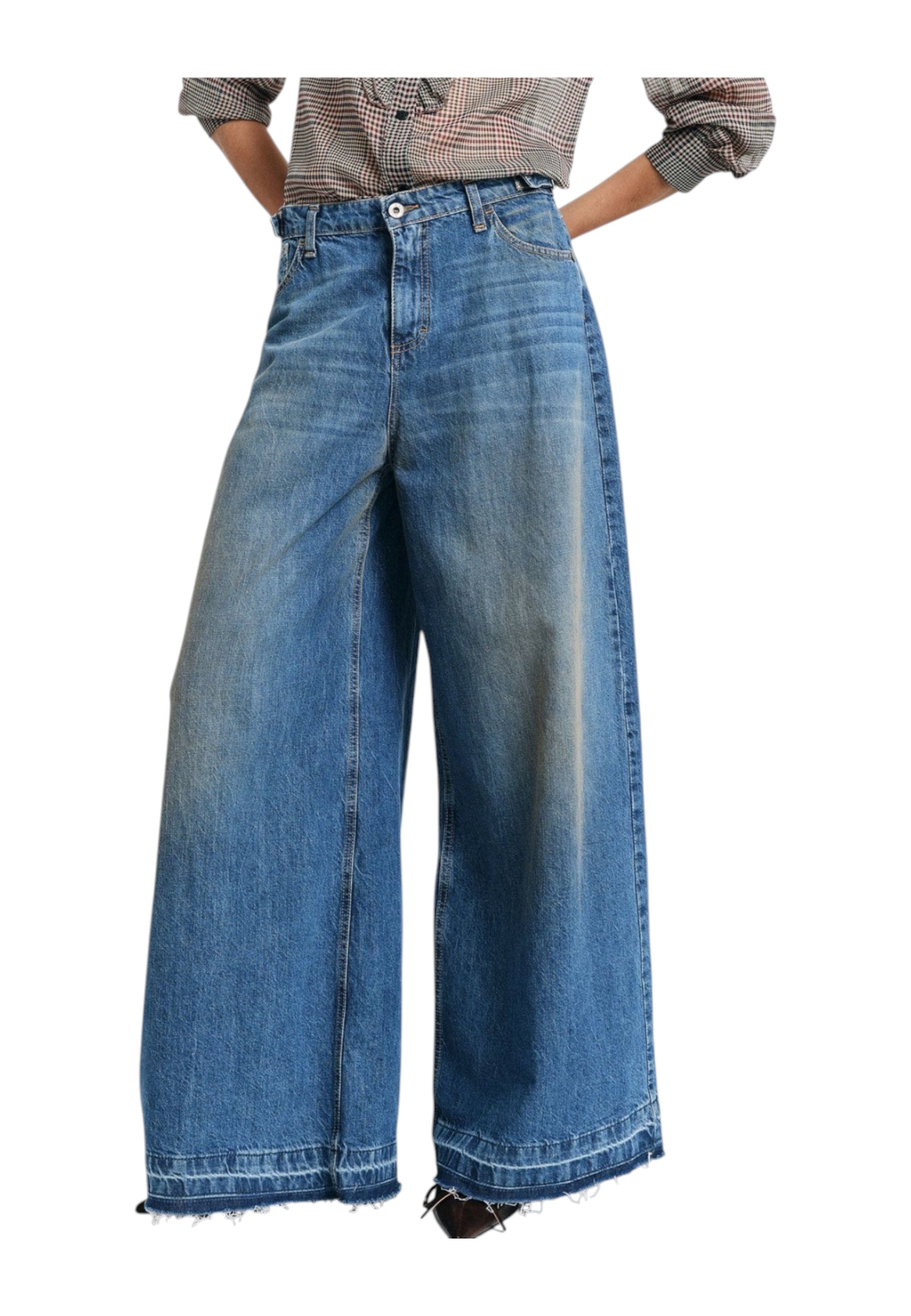 Jeans a gamba ampia con fondo sfrangiato Donna Blu PLEASE