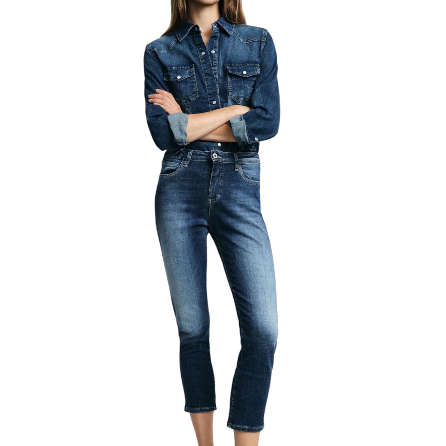 Jeans cropped vita alta donna blu please