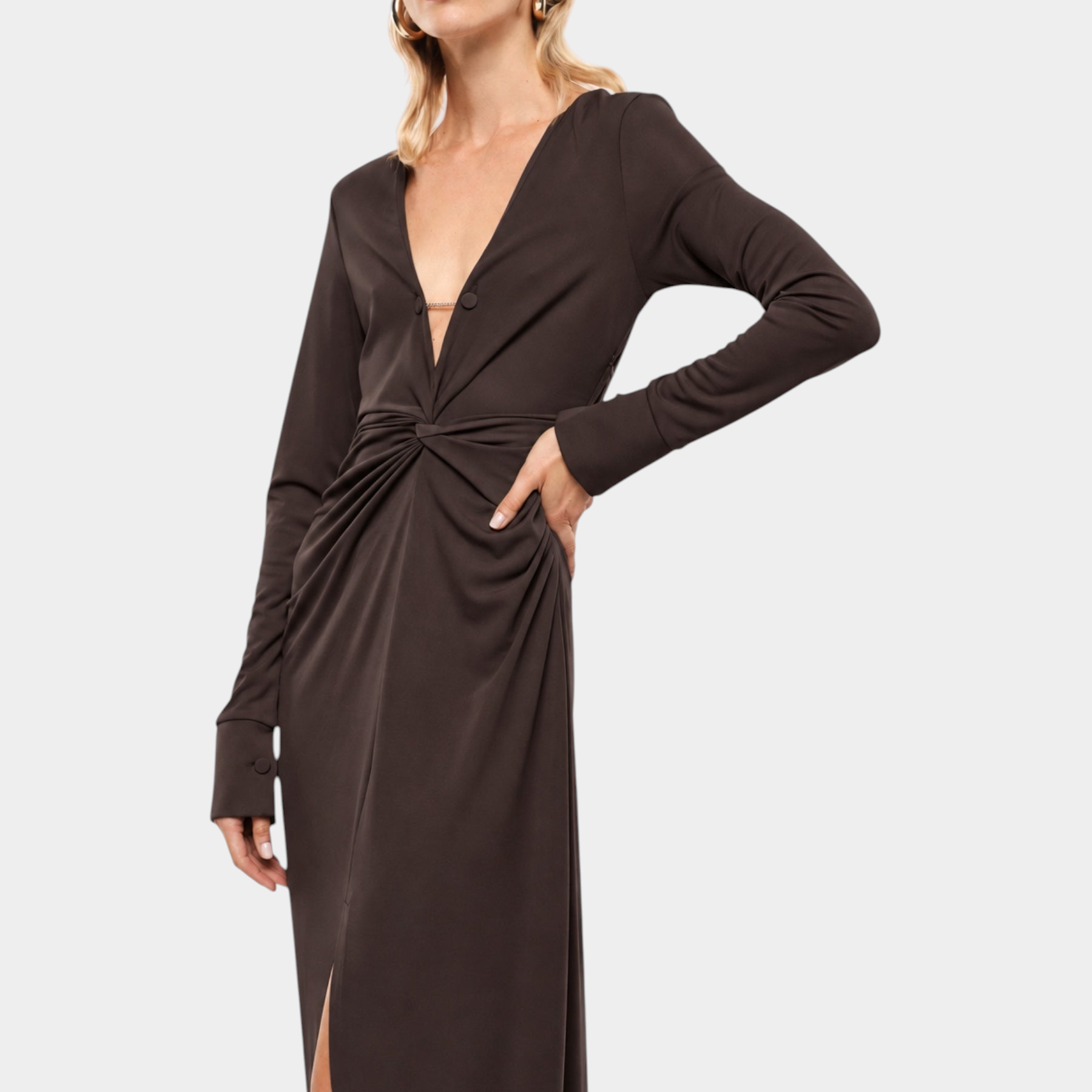 Abito lungo arricciato con spacco frontale donna marrone imperial - abiti