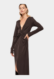 Abito lungo arricciato con spacco frontale donna marrone imperial - abiti