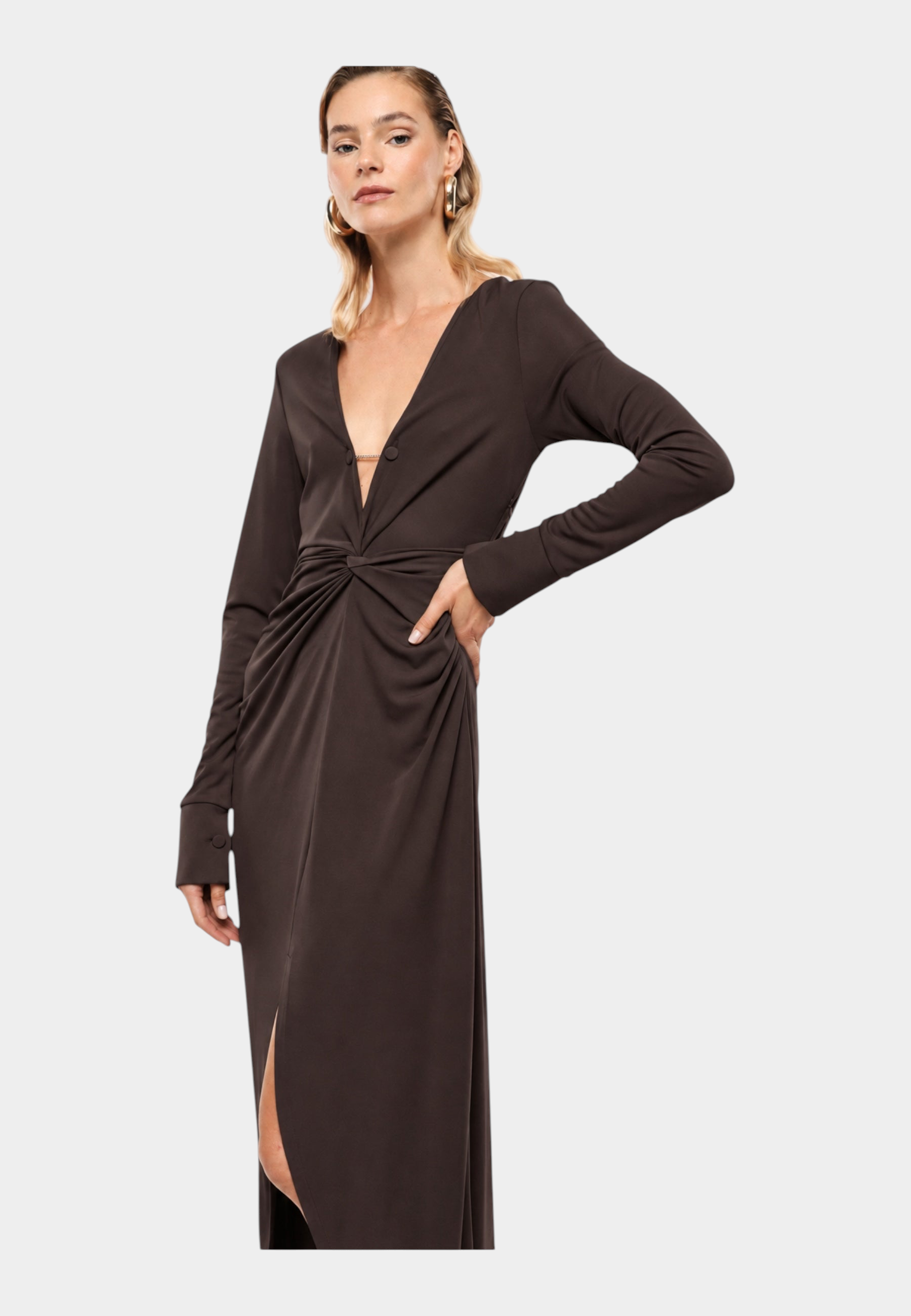 Abito lungo arricciato con spacco frontale donna marrone imperial - abiti