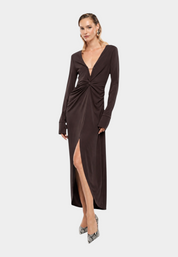 Abito lungo arricciato con spacco frontale donna marrone imperial - abiti