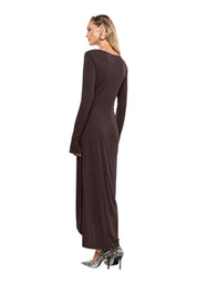 Abito lungo arricciato con spacco frontale donna marrone imperial - abiti