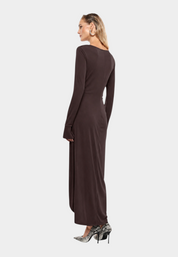 Abito lungo arricciato con spacco frontale donna marrone imperial - abiti