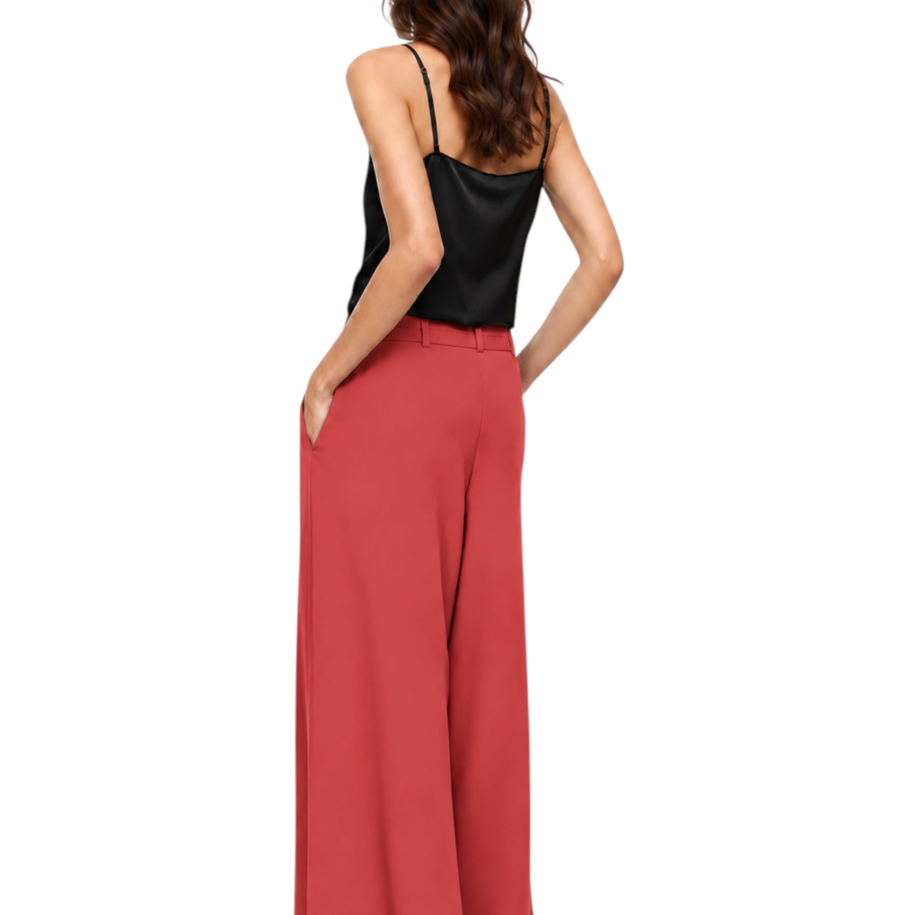 Pantaloni palazzo a vita alta con pinces e cintura donna rosa imperial