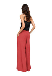 Pantaloni palazzo a vita alta con pinces e cintura donna rosa imperial