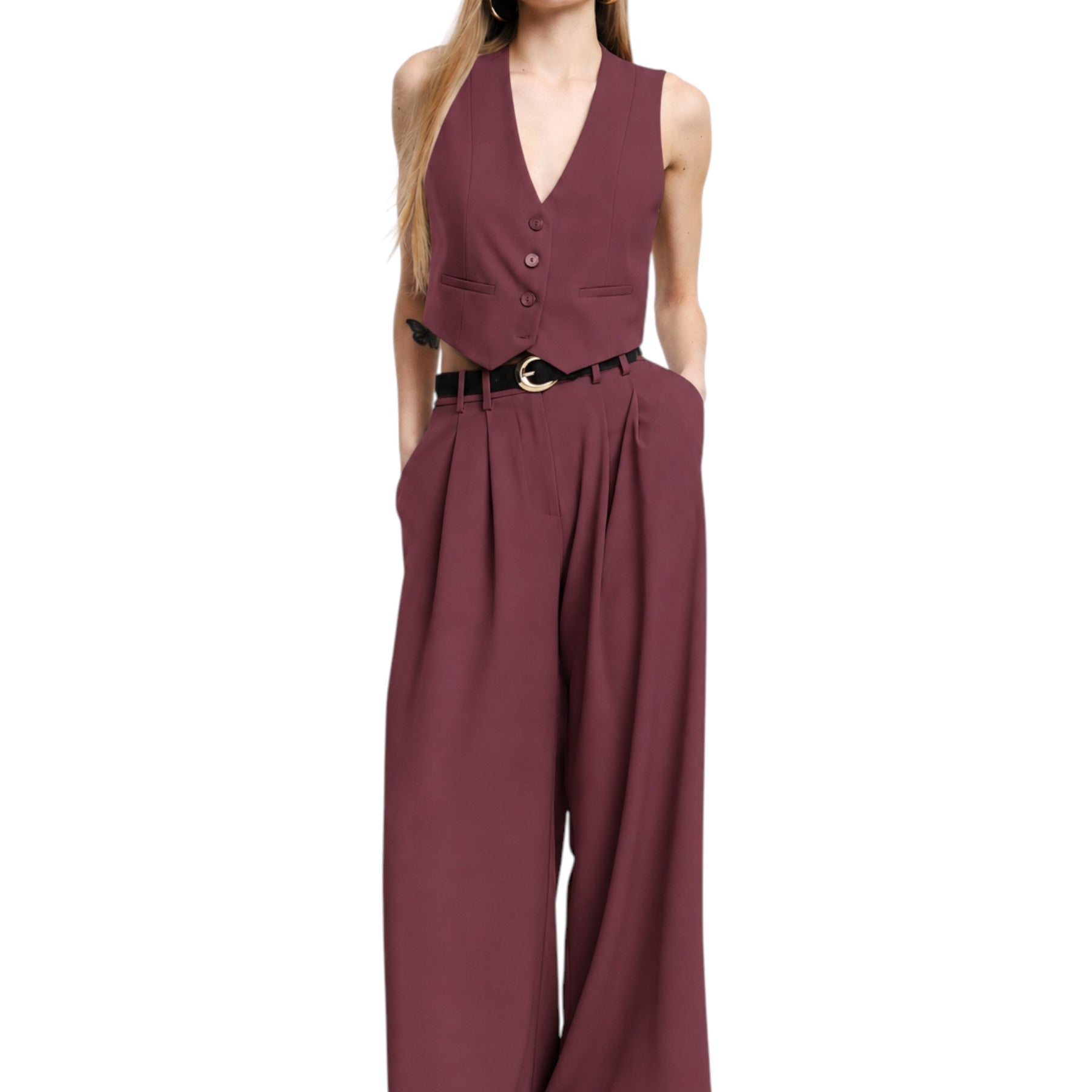 Pantaloni palazzo a vita alta con pinces donna bordeaux please