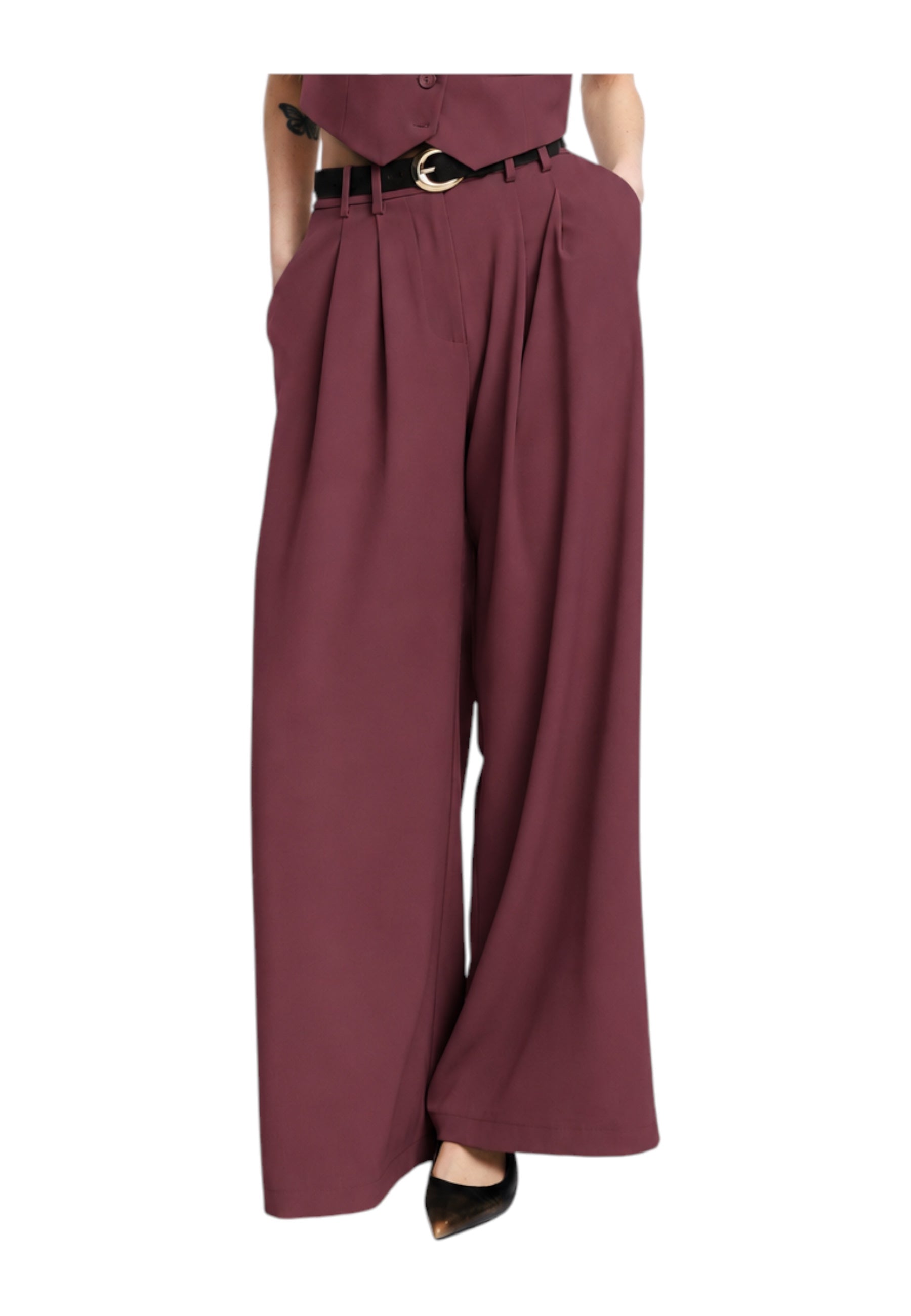 Pantaloni palazzo a vita alta con pinces Donna Bordeaux PLEASE