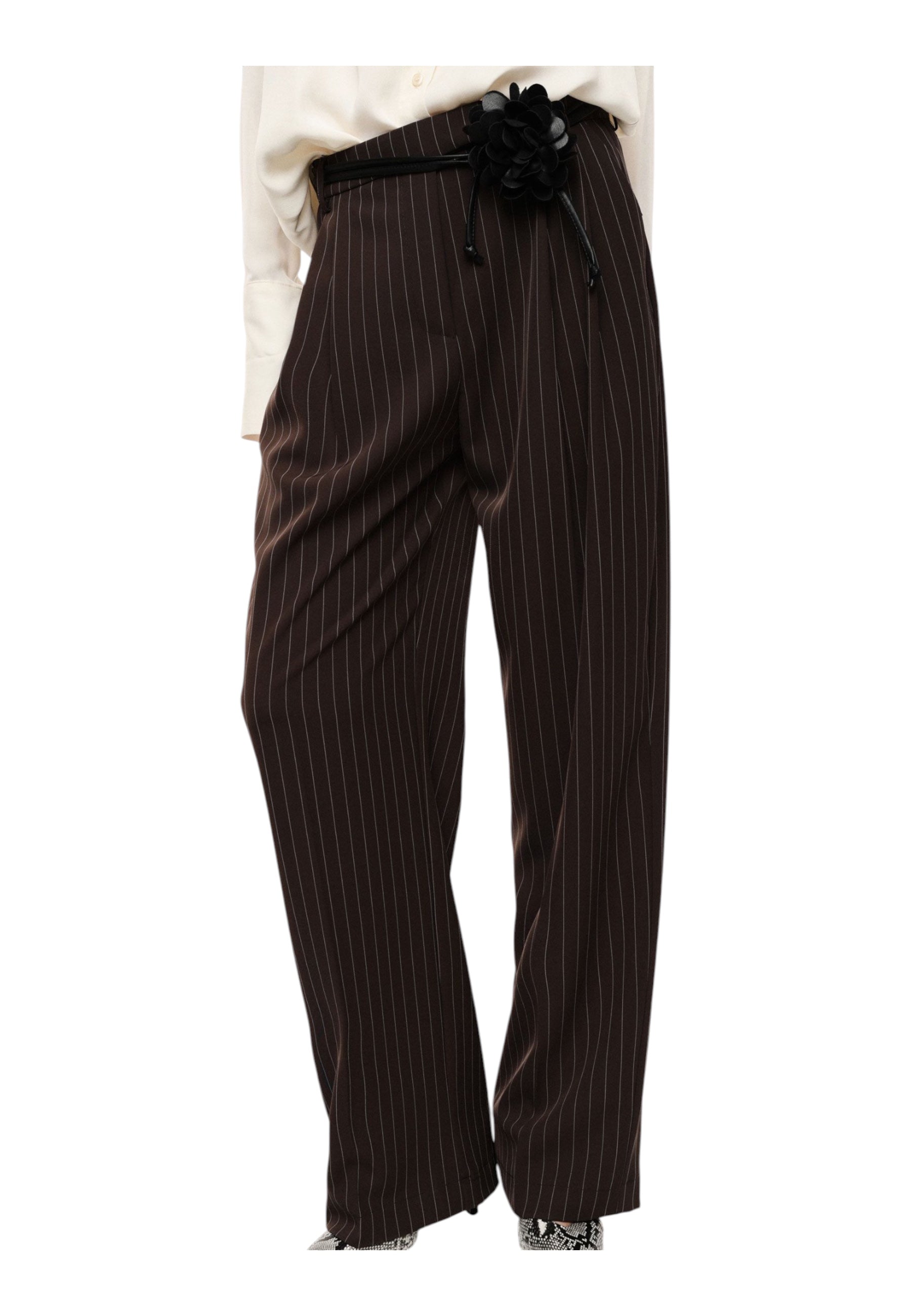 Pantaloni palazzo a righe con cintura fiore donna marrone imperial