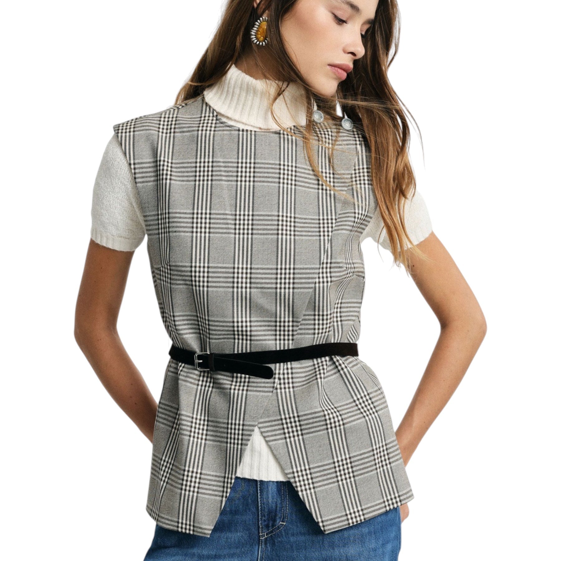 Gilet scozzese con cintura sottile e zip donna grigio please
