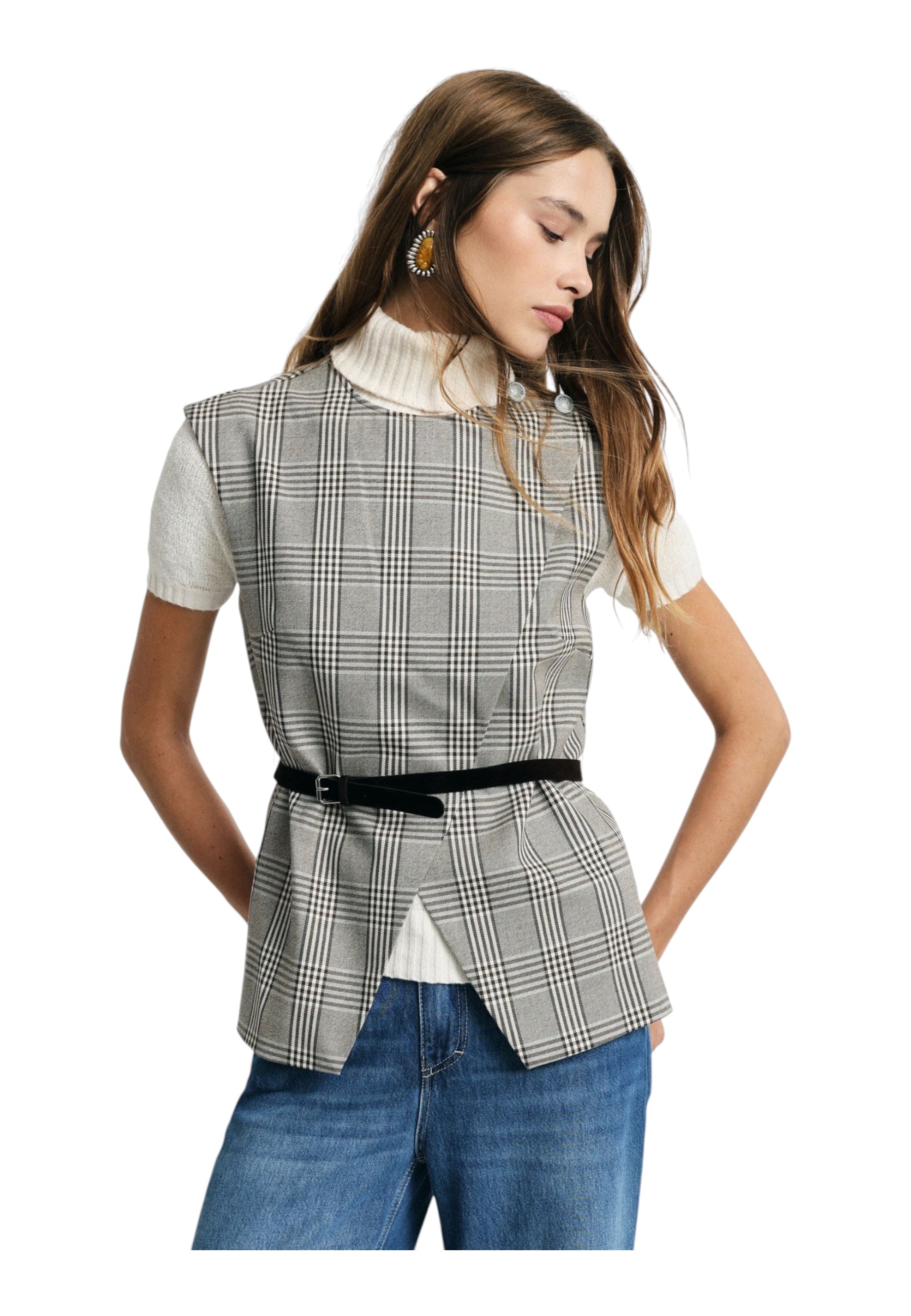 Gilet scozzese con cintura sottile e zip Donna Grigio PLEASE