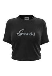 T-shirt in ciniglia con strass donna nero guess