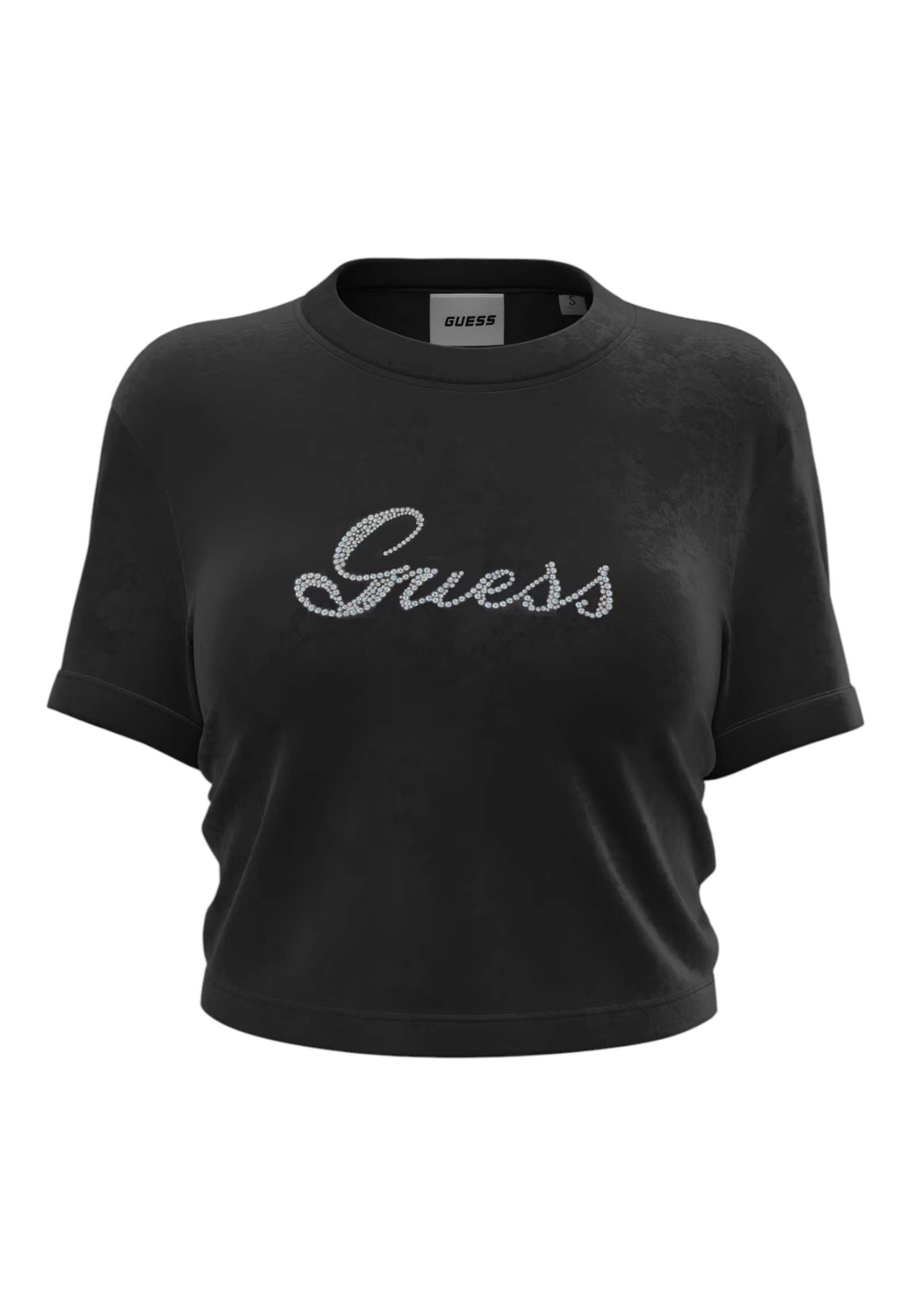 T-shirt in ciniglia con strass donna nero guess