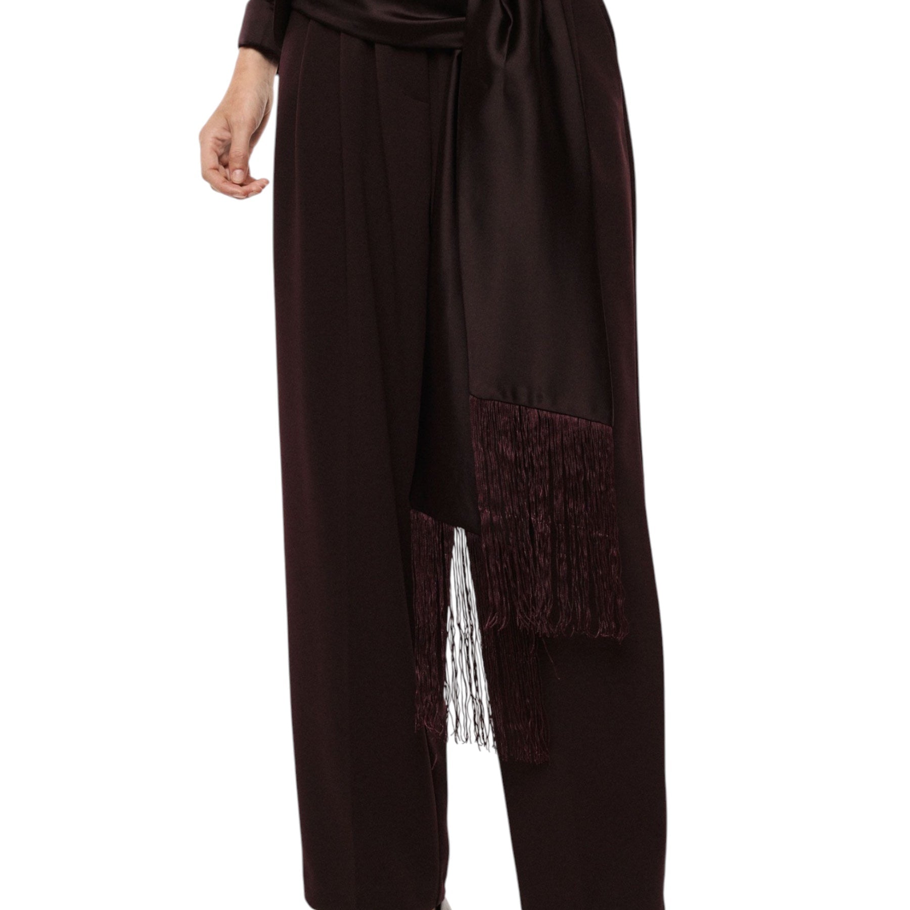 Pantaloni palazzo a vita alta con frange donna bordeaux imperial