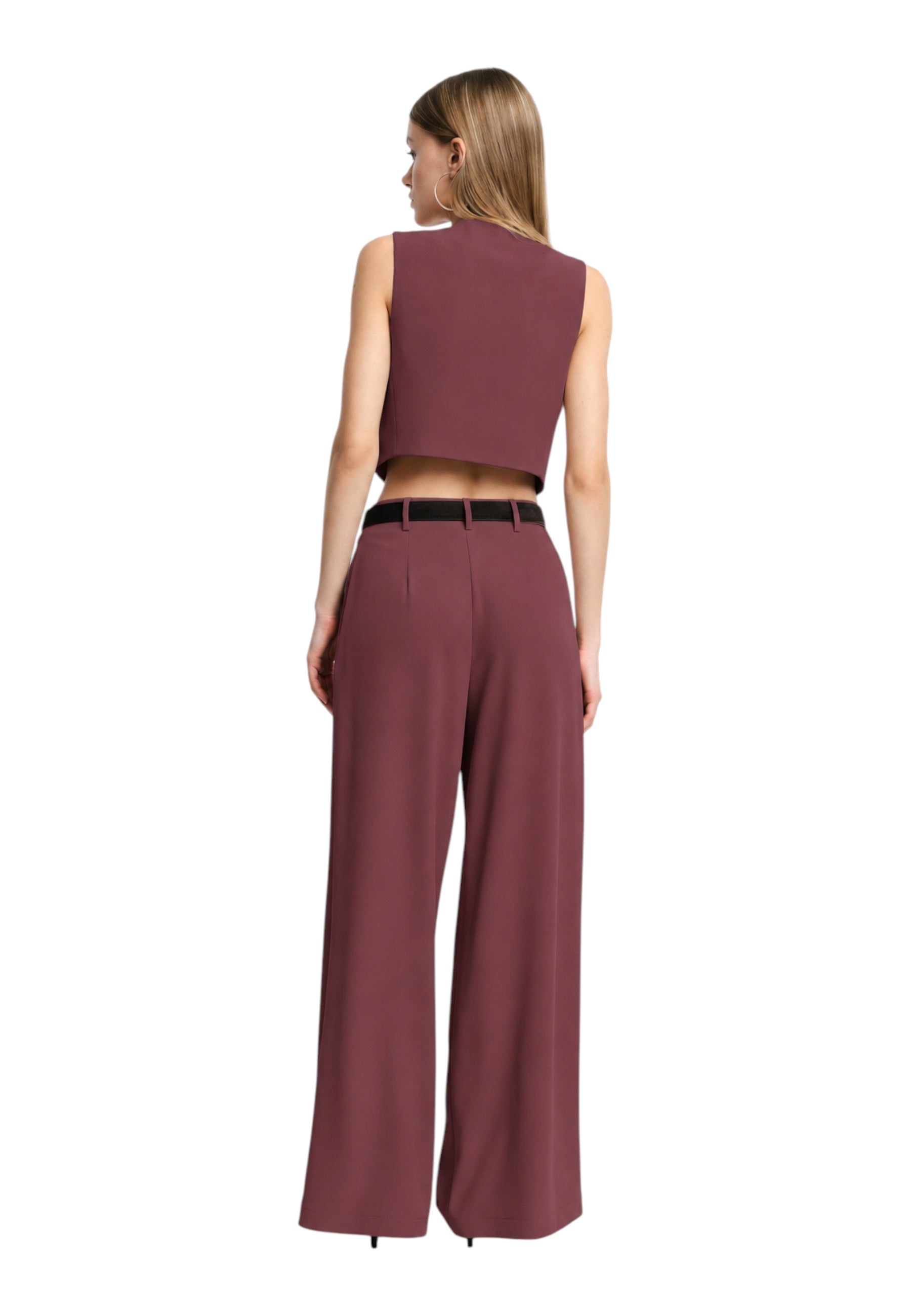 Pantaloni palazzo a vita alta con pinces Donna Bordeaux PLEASE