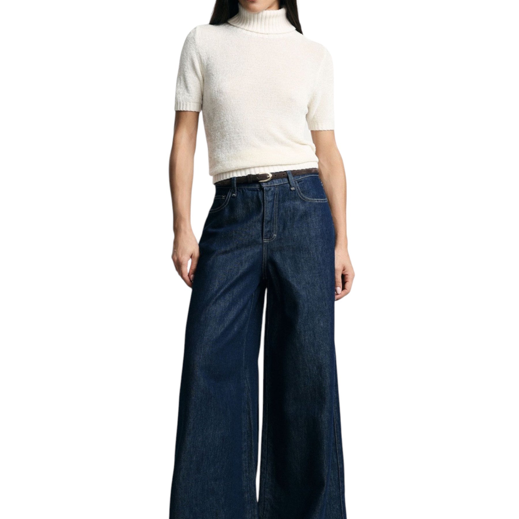 Jeans scuri a gamba molto ampia vita media donna blu please