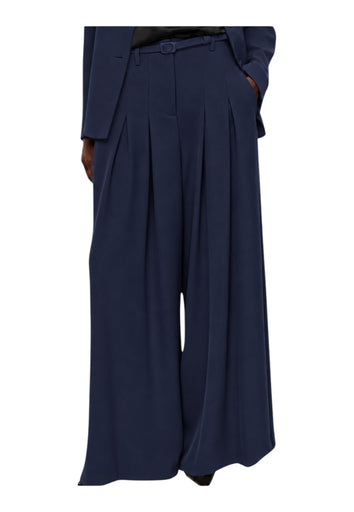 Pantaloni palazzo a vita alta con pinces e cintura donna blu imperial