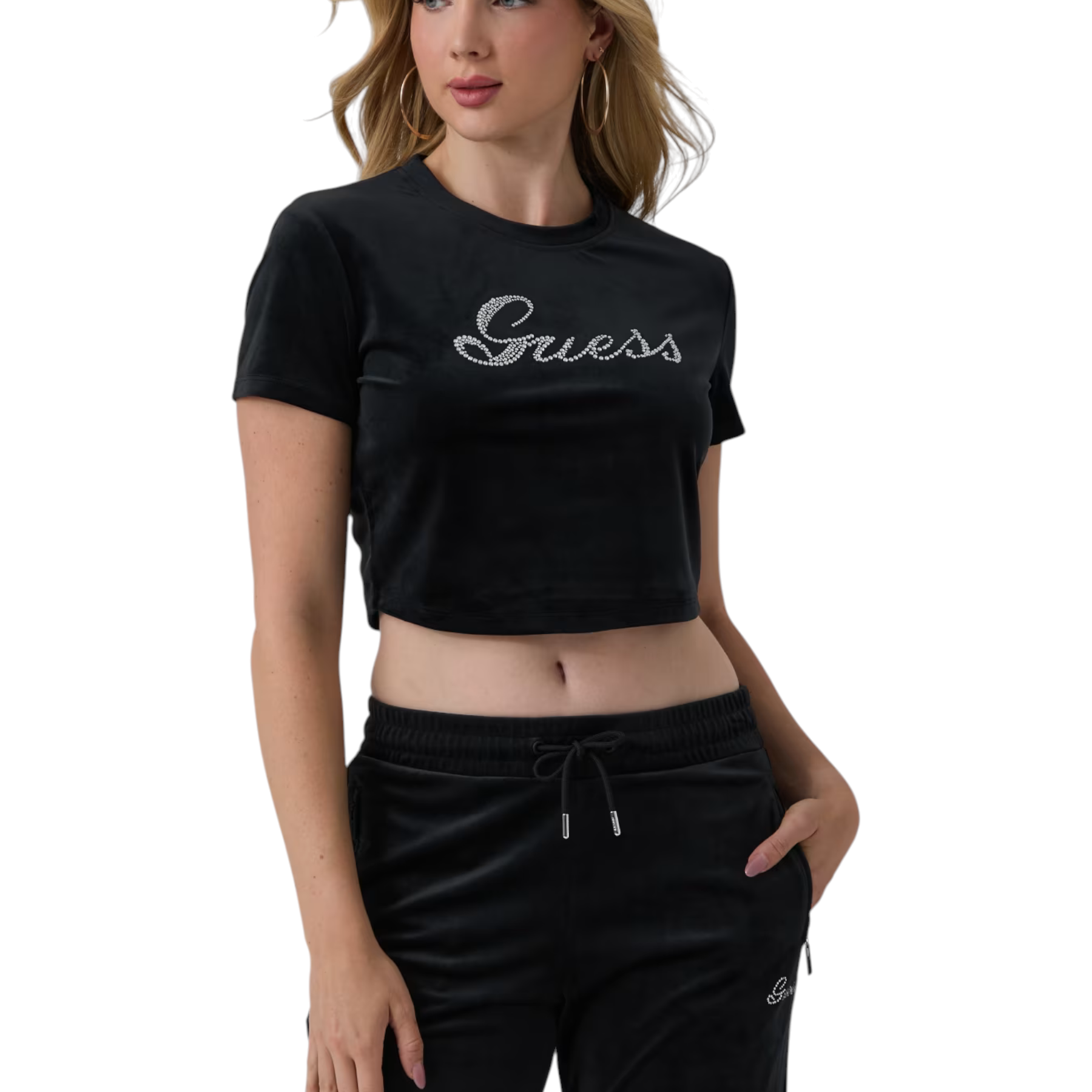 T-shirt in ciniglia con strass donna nero guess