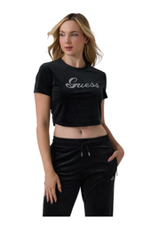 T-shirt in ciniglia con strass donna nero guess