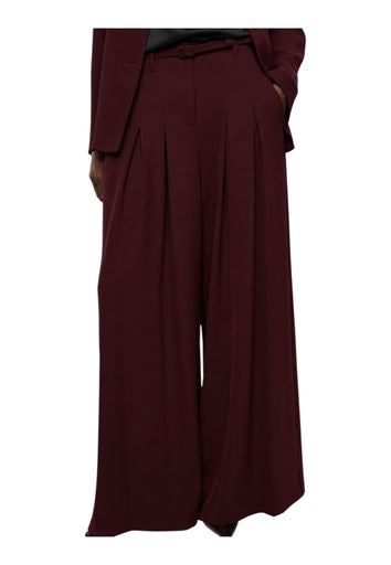Pantaloni palazzo a vita alta con pinces e cintura donna bordeaux imperial