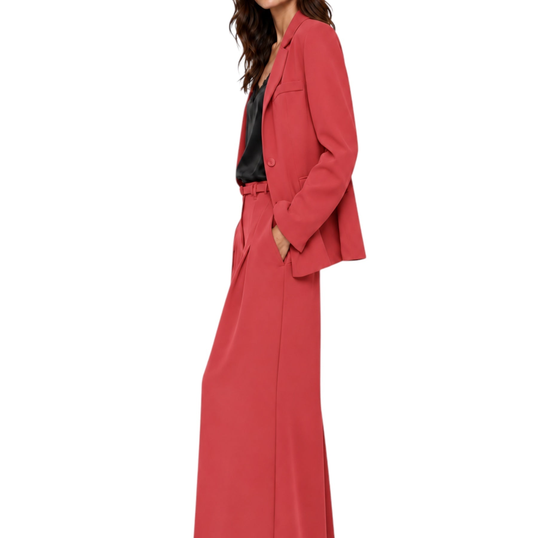 Pantaloni palazzo a vita alta con pinces e cintura donna rosa imperial