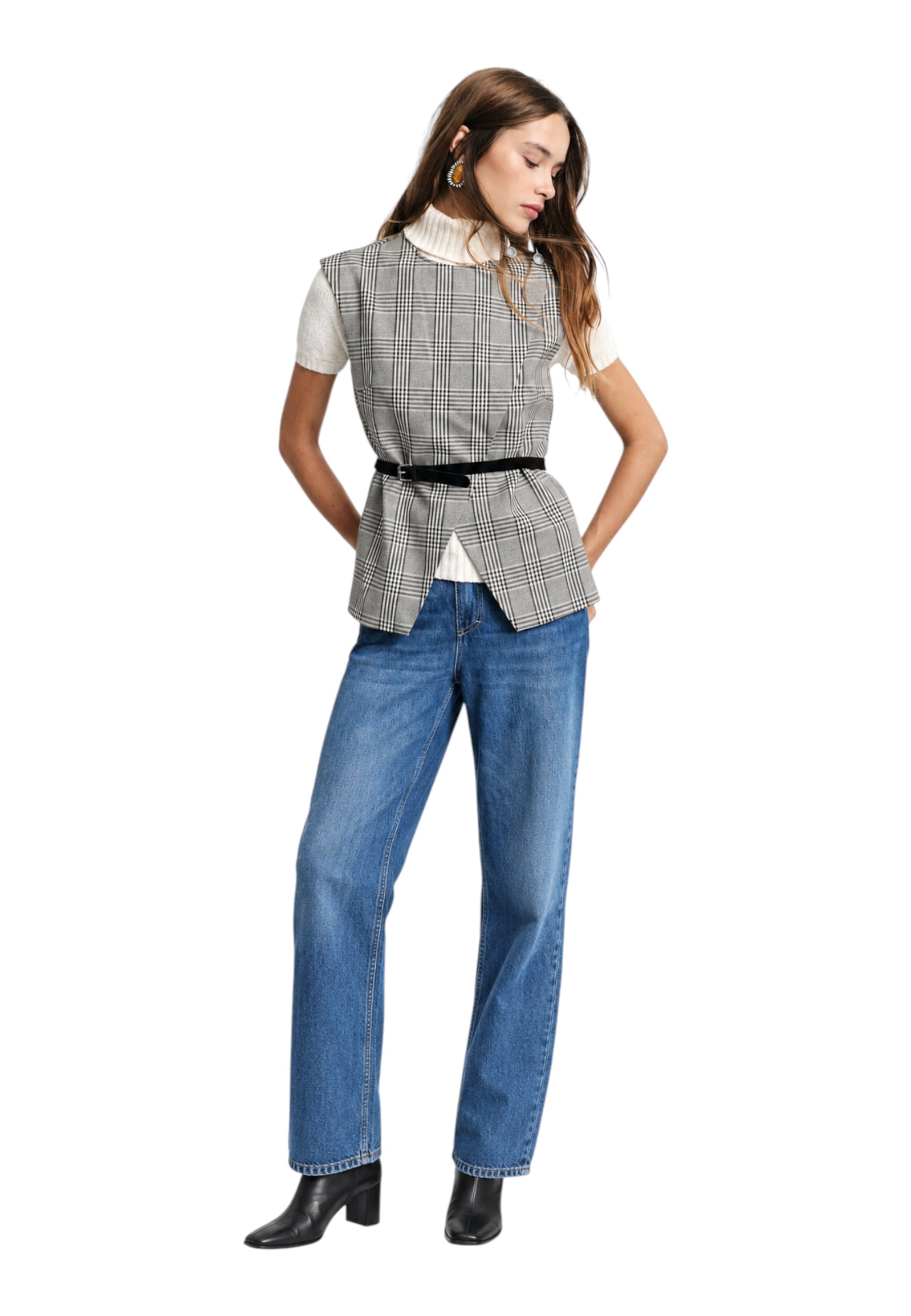 Gilet scozzese con cintura sottile e zip Donna Grigio PLEASE