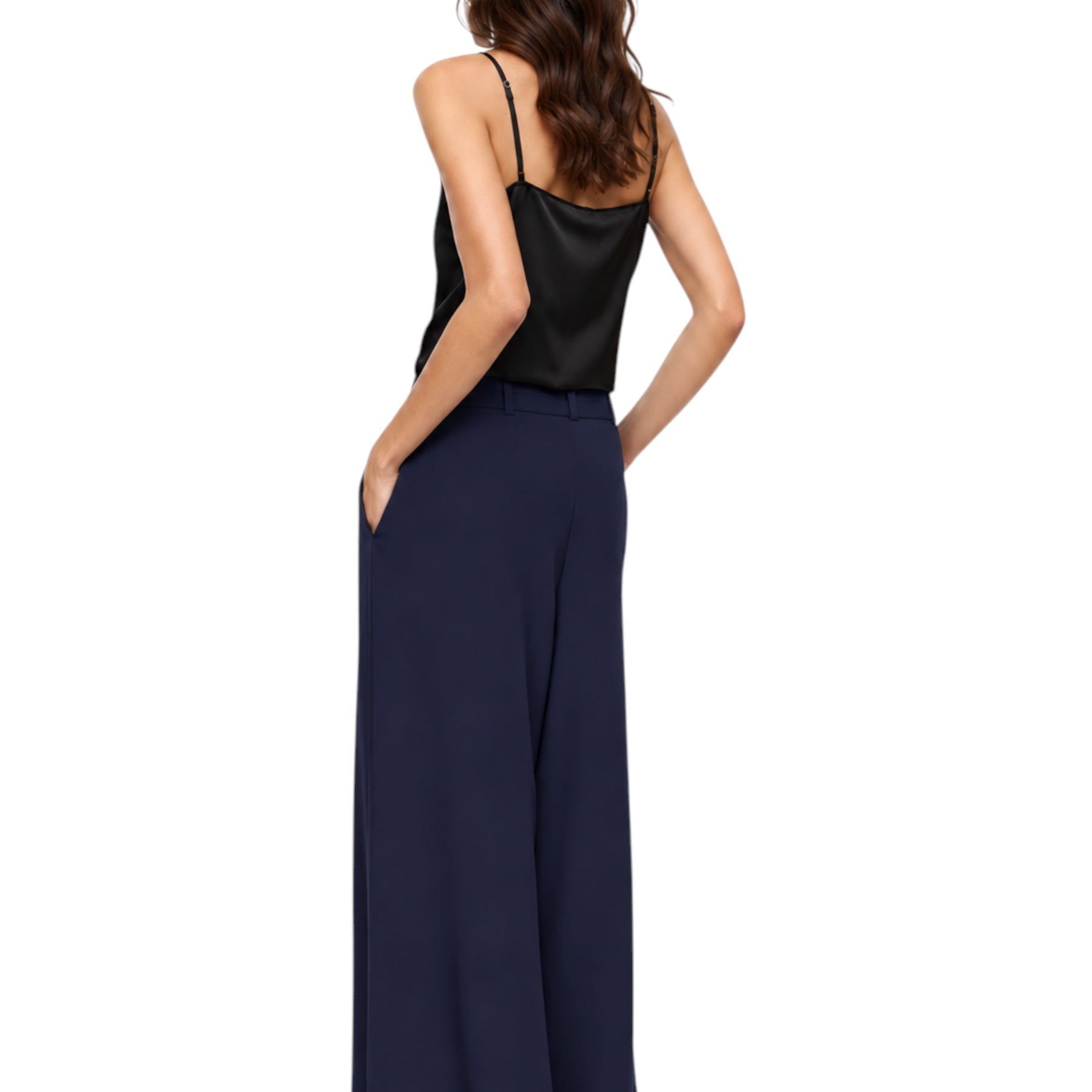 Pantaloni palazzo a vita alta con pinces e cintura donna blu imperial